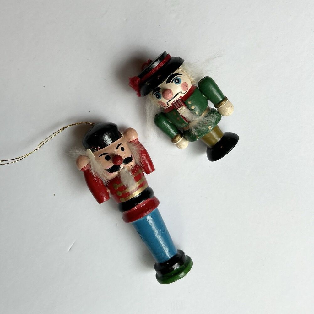 VTG 80s Wooden Christmas Ornament Lot- 2pc Nutcrackers, 2574